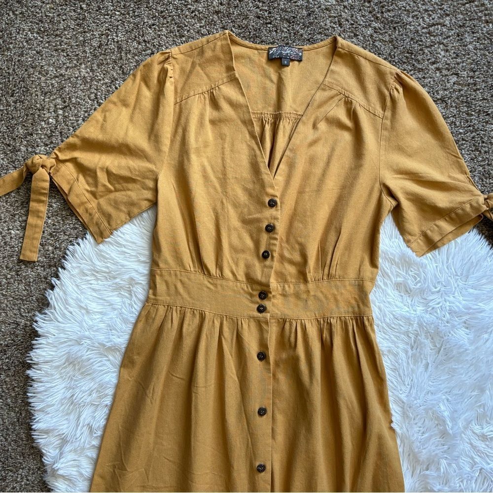 J Gee Dress Linen Rayon Button Down Mustard Womens Size Small - Picture 3 of 9